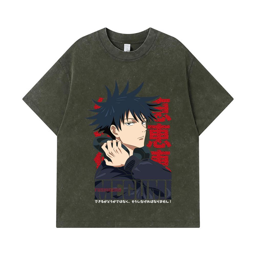 275 GSM Washed T-shirts 100% Cotton Jujutsu Kaisen V38 Megumi Print Unisex Heavy Cotton T Shirt