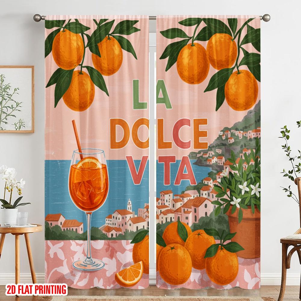 2pcs 2D flat printing Party Curtains La Dolce Vita Oranges Polyester Without Electricity Festive Holiday for New Year and