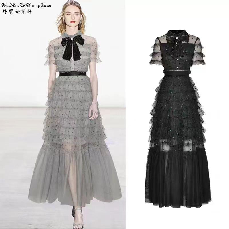 

Тяжелая промышленность Высокая талия Стройнящее Банты Сетка Мелкий горошек Фея Легкое платье-торт Gray XL