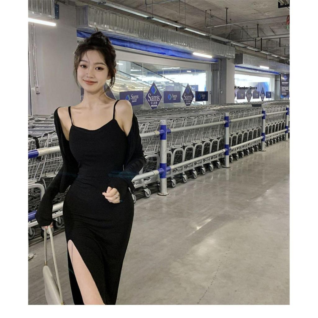 Spicy Girl 2025 Summer Slit Strap Dress & Cardigan Bodycon Two-Piece Set