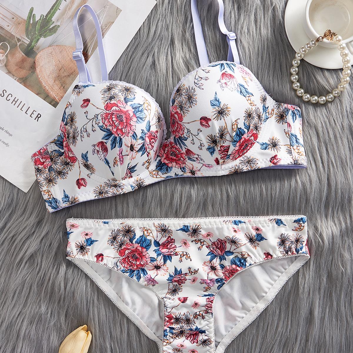 

1 комплект женского нижнего белья, сексуальный бюстгальтер на косточках с эффектом пуш-ап, модное нижнее белье с цветочным принтом, романтические бюстгальтеры и трусики с розами M