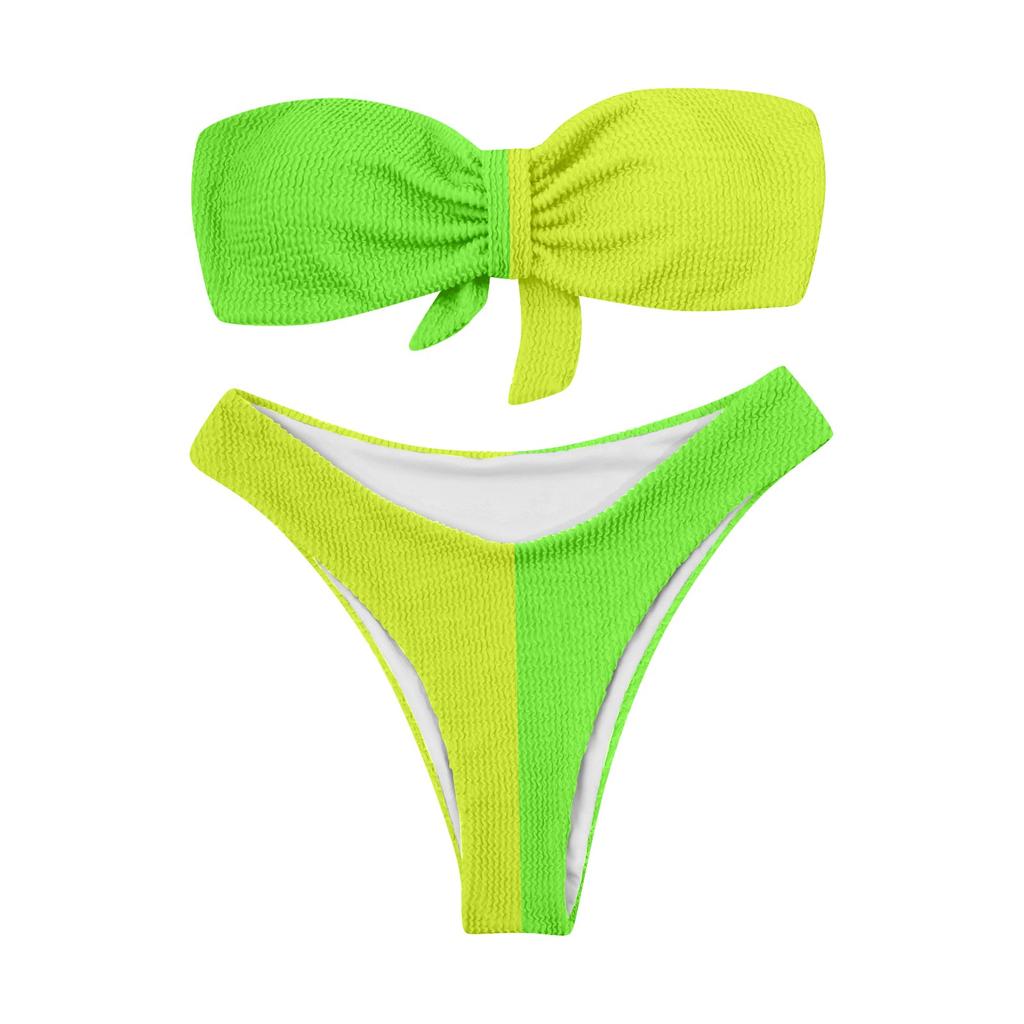 Women's High Waist Plus Size Swimsuit Bikini Color Splicing Pleated Split Two Piece Swimsuit