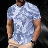 Women Short Sleeve Crew Neck T Shirt Dark Navy Pink Hibiscus Green Tropical Palm Leaf Print Top