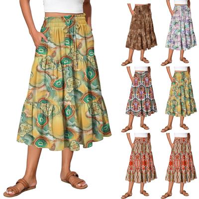 Womens Maxi Skirt Drawstring High Waisted Summer Long Skirts Lightweight Tiered Flowy Floral Pleated Skirts
