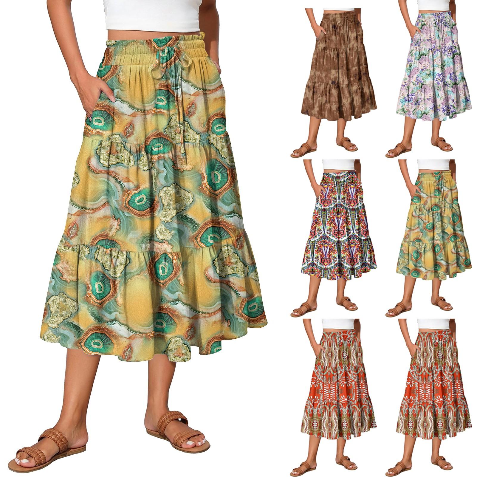 

Womens Maxi Skirt Drawstring High Waisted Summer Long Skirts Lightweight Tiered Flowy Floral Pleated Skirts XL червоний