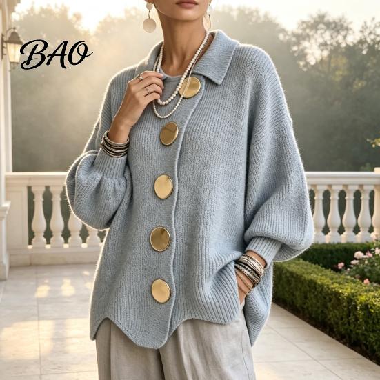 Frühling Herbst Pullover Damen Oversized Strick Cardigan Pullover, Hemdkragen Oberteil mit Großen Metall Freizeitknöpfen, Lockere Fledermausärmel für Weiche Hautfreundlichkeit