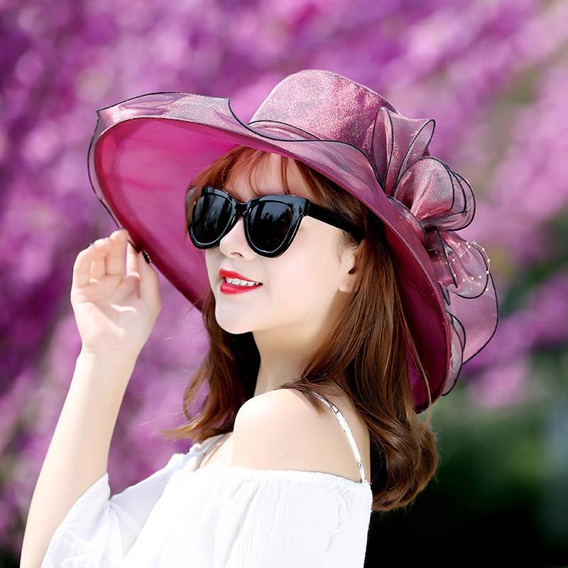 Elegant Summer Women's Sun Hat Breathable Organza Material with Woven Floral Decor Fits Head Sizes 56-58cm