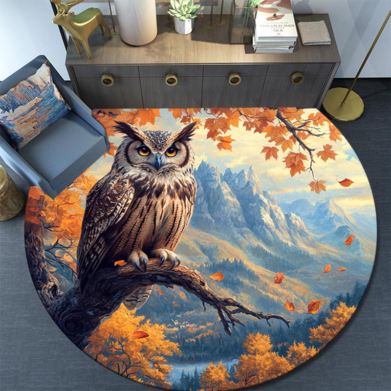 Autumn Owl Round Area Rug,Carpet Rug for Living Room Bedroom Sofa Playroom Decor,Non-slip Floor Mat