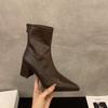 High Heel Coarse Heel Pointed French Small Ankle Boots Women's Shoes 2025 Autumn and Winter Brown Fleece Martin Boots Skinny Short Boots