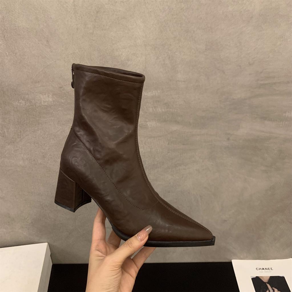 High Heel Coarse Heel Pointed French Small Ankle Boots Women's Shoes 2025 Autumn and Winter Brown Fleece Martin Boots Skinny Short Boots