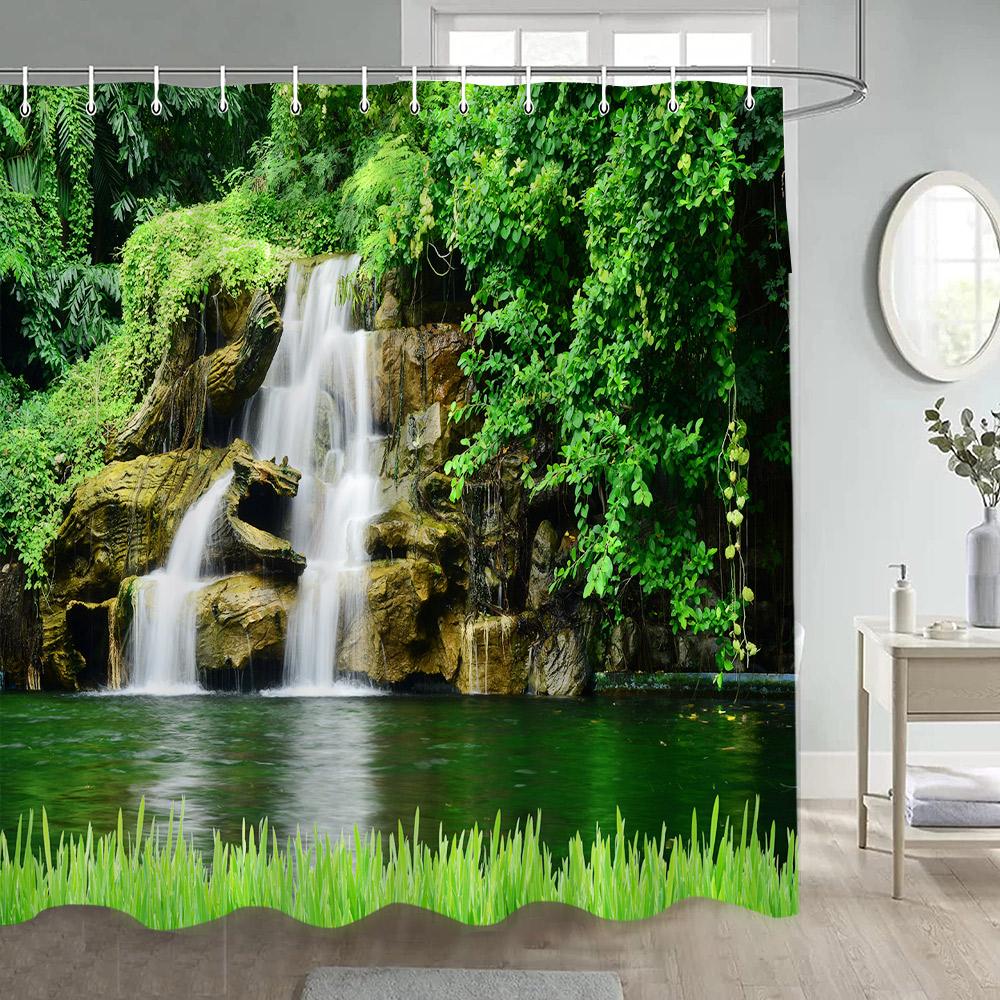 Natürliche Rustikale Landschaft Duschvorhänge See Berg Bäume Blumen Pflanze Badevorhang Für Badezimmer Dekoration Polyester Stoff Set