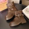 Knöchelhohe Stiefel für Damen mit mittleren Absätzen Designerschuhe Schnalle Trend Winterstiefel Neu Walking-Plateau Leder Sport Mujer Botas