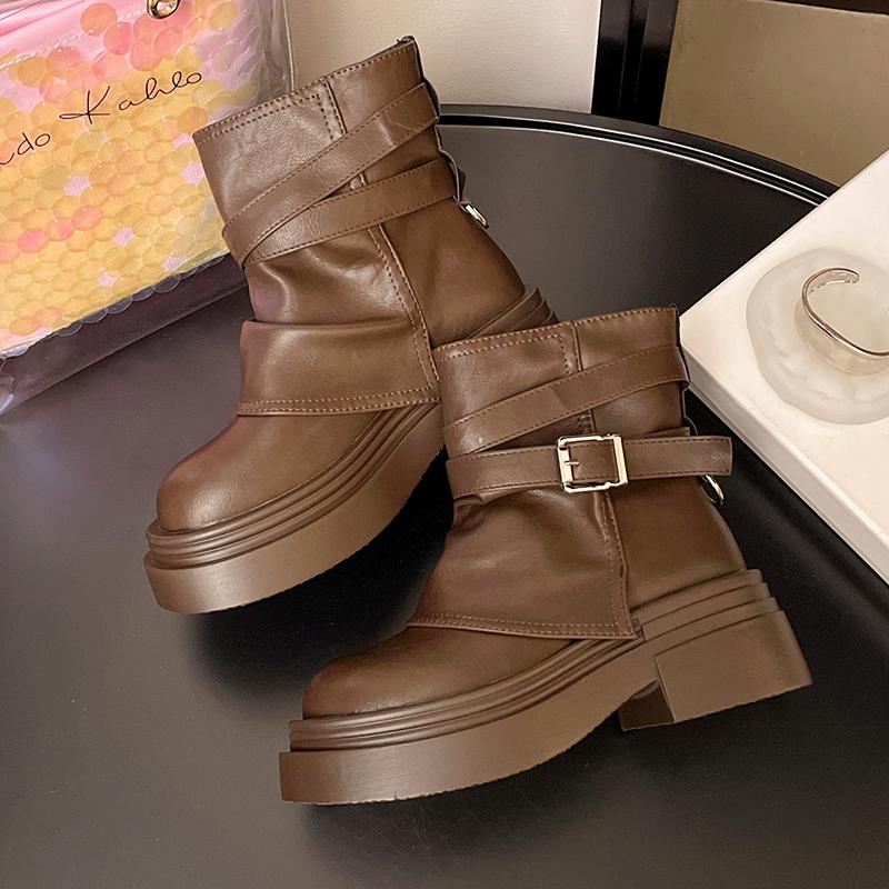 Knöchelhohe Stiefel für Damen mit mittleren Absätzen Designerschuhe Schnalle Trend Winterstiefel Neu Walking-Plateau Leder Sport Mujer Botas