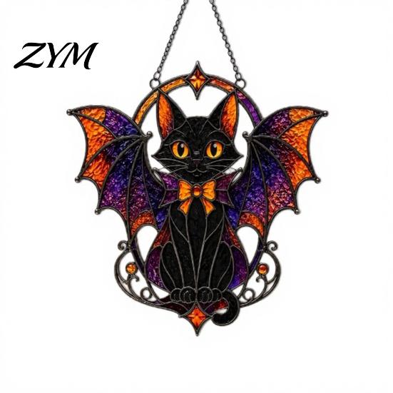 Black Cat Bat Sun Catcher Halloween Suncatcher, Stained Glass Style Acrylic Catcher, Gothic Decorative Window Prism Suncatcher Hanging Ornament