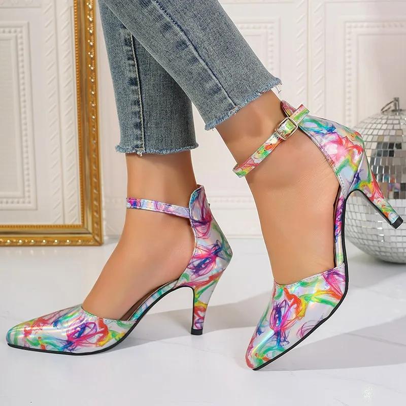 Fashion Ladies Shoes Fashion Ankle Strap Women Pumps Spring Pointed Toe Shallow Mixed Colors Buckle Dress Stilettos or Thin Heels Shoes