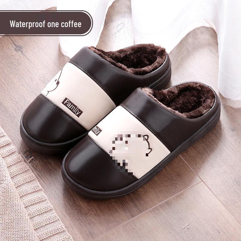 Women's and Men's Non-Slip Waterproof PU Leather Indoor Winter Slippers - Warm and Cute for Couples