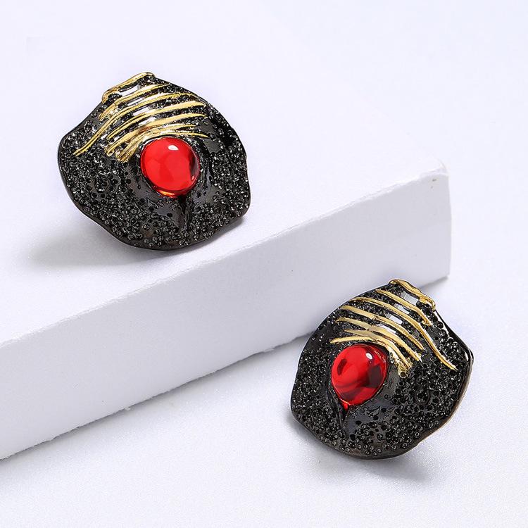 Unique Irregular Inlaid Ruby Black Gold Two-tone Ring Necklace Earrings Black and Gold Two-tone Three-piece Set Women Jewelry