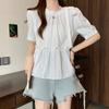 Women's Striped Shirt Round Neck Bow Design Waist Cinching Ladies Blouse Summer Casual Fashionable Famale Pullover Top