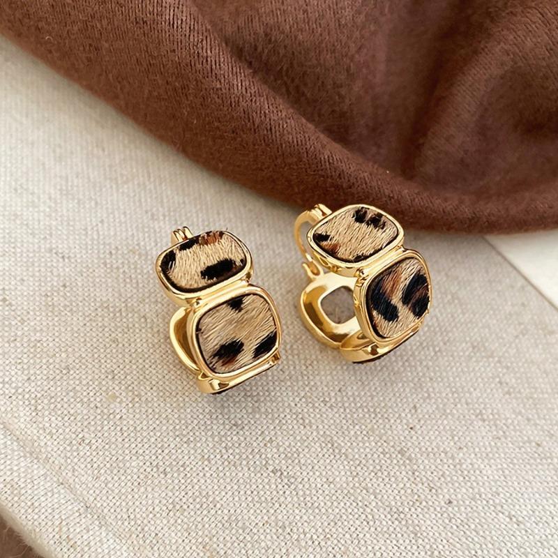 Silver needle autumn and winter retro leopard print geometric square round stud earrings Maillard simple earrings niche high-end earrings
