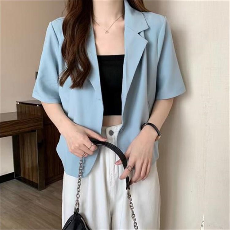 Women Summer Short Sleeve Lapel Loose Fit Business Suit Jacket with Pockets Solid Color