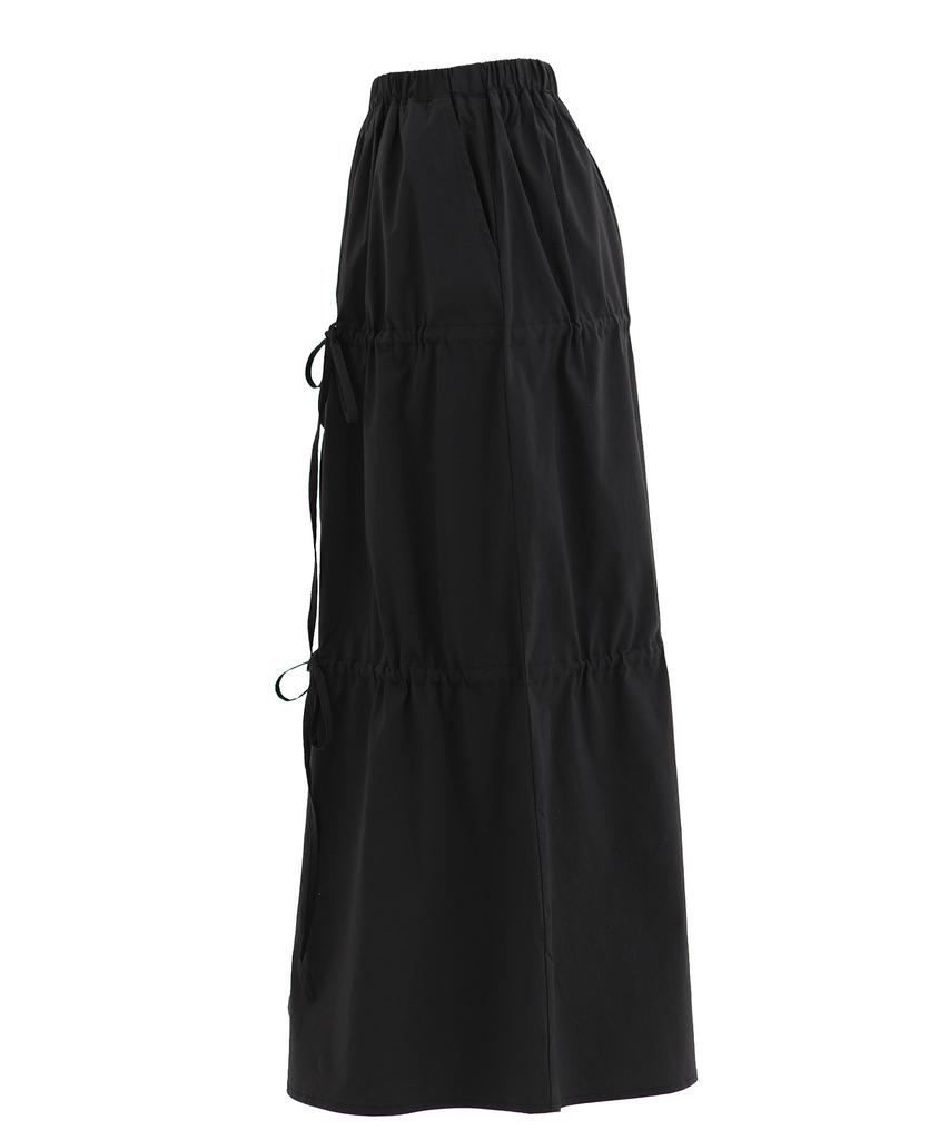 Plasma Sphere Party Shirred Ribbon Cotton Banding Long Tiered Maxi Skirt_Black