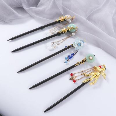 Hanfu Women Chinese Style Tassel Flower Hairpins Wooden Hair Fork Hair Sticks Hair Accessories