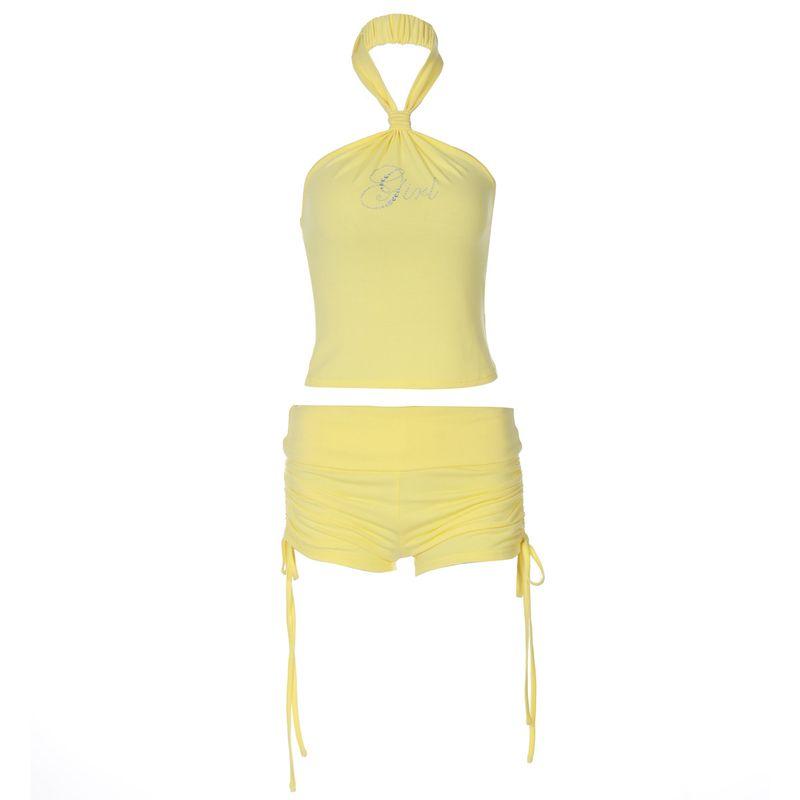 

Kkx Sexy Sweet Gyaru Style Pure Desire Hot Drilling Letter Drawstring Pleat Strap Backless Hanging Neck Vest Shorts Yellow L