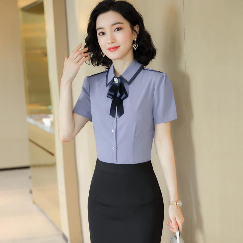 Women's Spring/Summer 2024 Bow-Tie Short-Sleeve Shirt - Fashionable Korean Professional Top