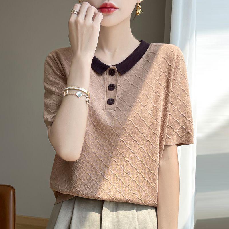 Summer New Women's Knit Ice Silk T-shirt POLO Collar Short Sleeved Contrasting Color Versatile Top for Women