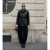 Womens Fashion Casual PU Jacket Stand Collar Double Breasted Slim Fit Street Style Outerwear