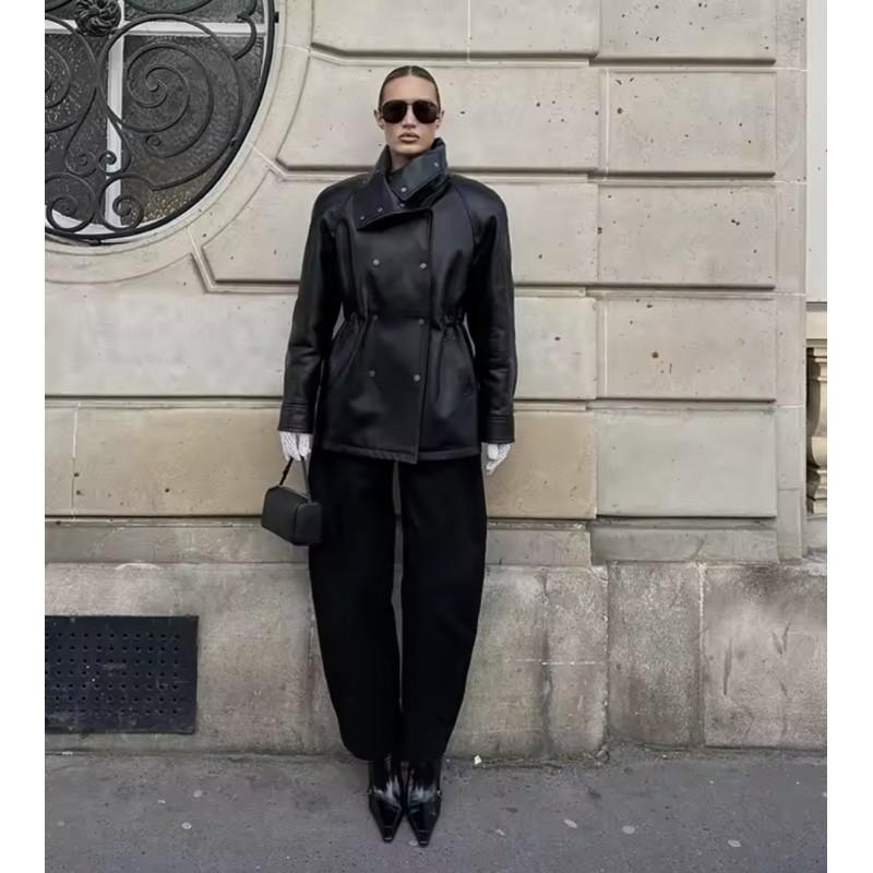 Womens Fashion Casual PU Jacket Stand Collar Double Breasted Slim Fit Street Style Outerwear