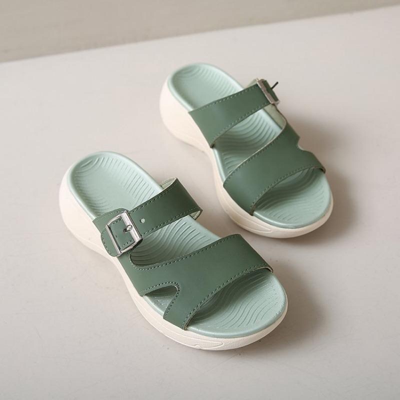 Thick-soled Slippers Women's Summer Simple Round Head Outer Wear Belt Buckle Slope Heel Sandals Casual Soft Bottom One-word