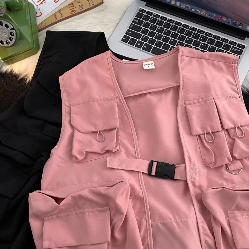 Gilet Donna Monocolore Tasche All-match Speciale Unisex Semplice Cool Stile Giapponese Tempo Libero Vintage Attraente Primavera Studenti Giovani