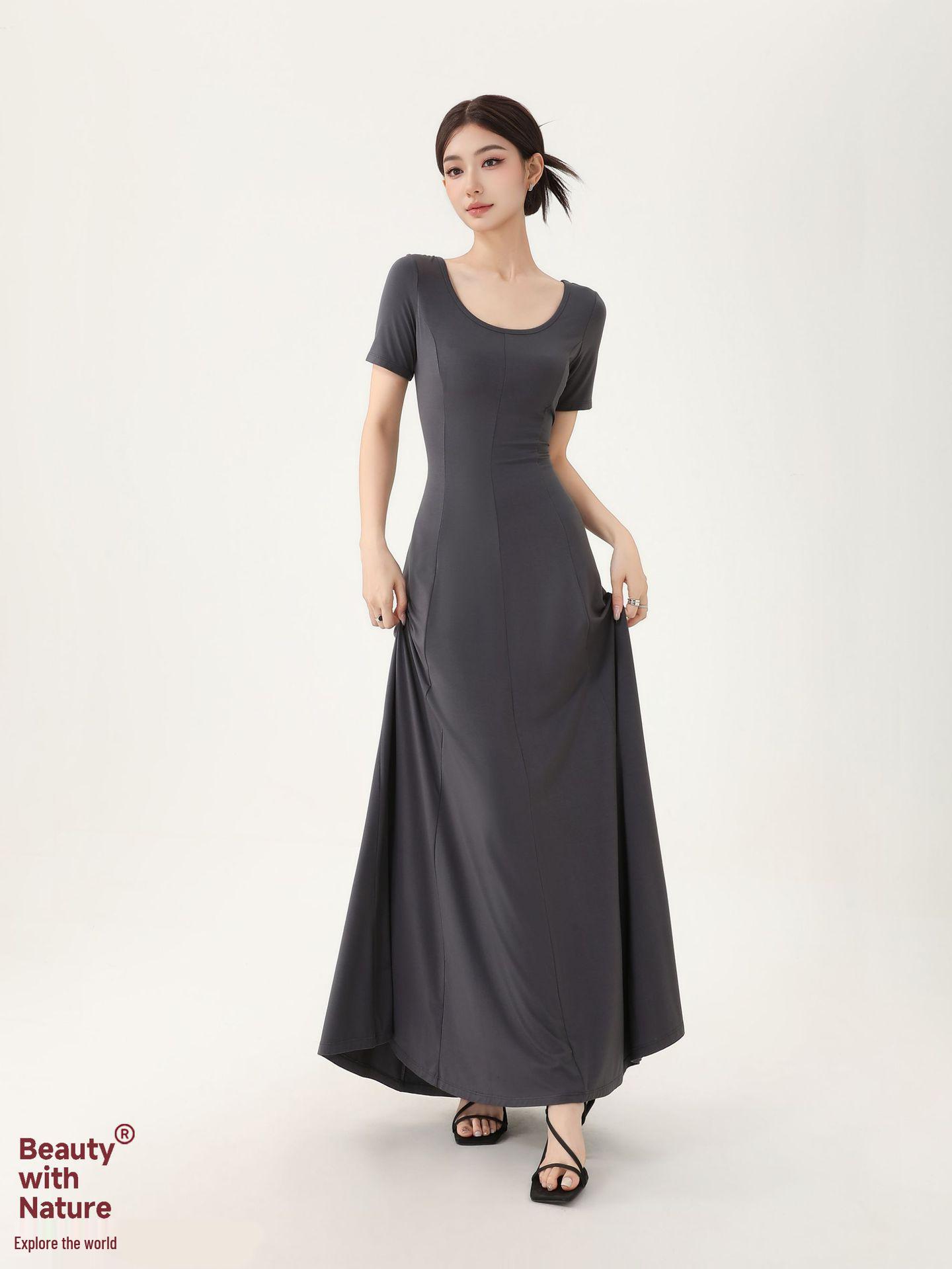Women s Black Hepburn Style A-line Summer Dress - Round Neck, Short Sleeves, Petite High Waist, Cinched Waist, Large Skirt, Long Length 3XL