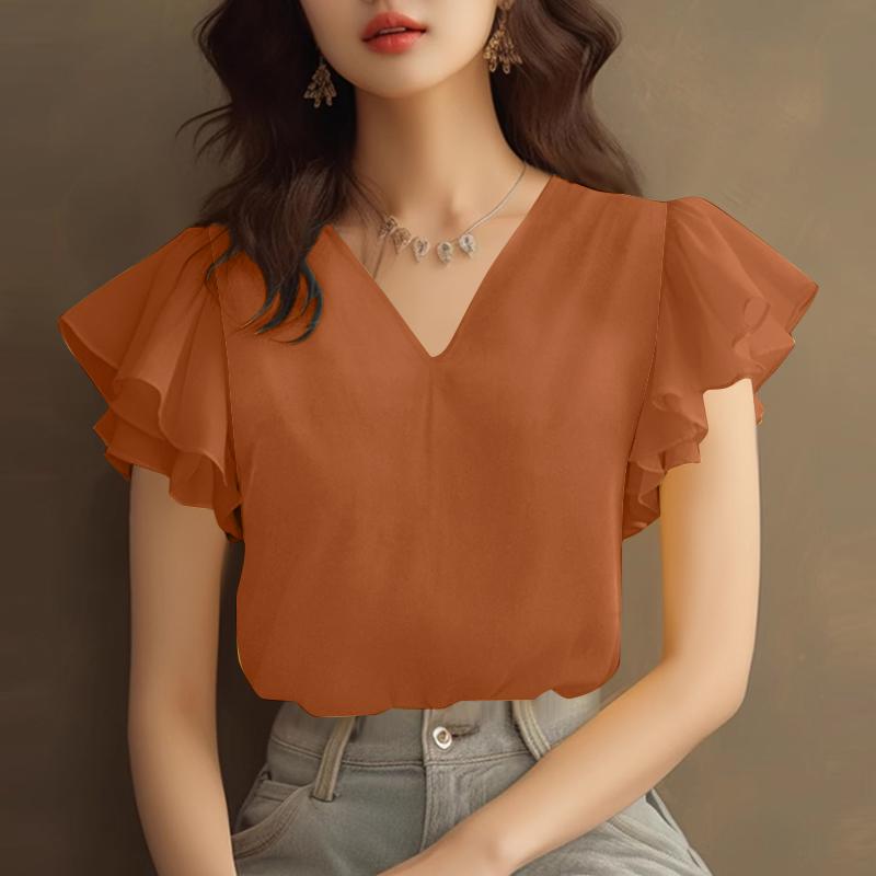 

ZANZEA Женская повседневная летняя блузка с коротким рукавом и V-образным вырезом и оборками M оранжевый