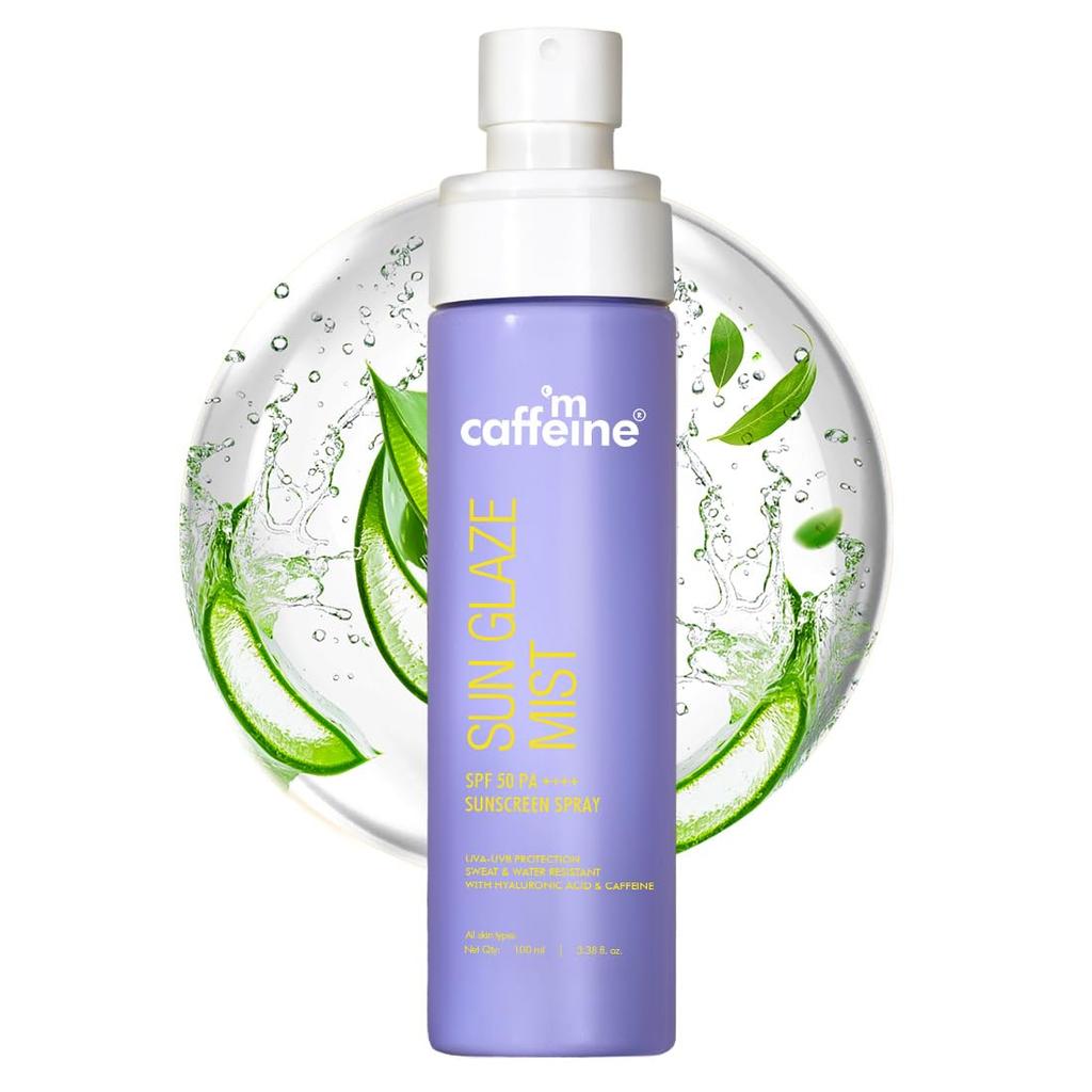 mCaffeine Sun Glaze Mist SPF 50 PA++++ Face Sunscreen Spray 100 ml Lightweight No White Cast Quick Reapply Over Makeup