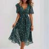 Damen V-Ausschnitt Kurzarm Blumenprint A-Linie Midi-Kleid Lässig Sommer Strand Urlaub Schwingendes Kleid
