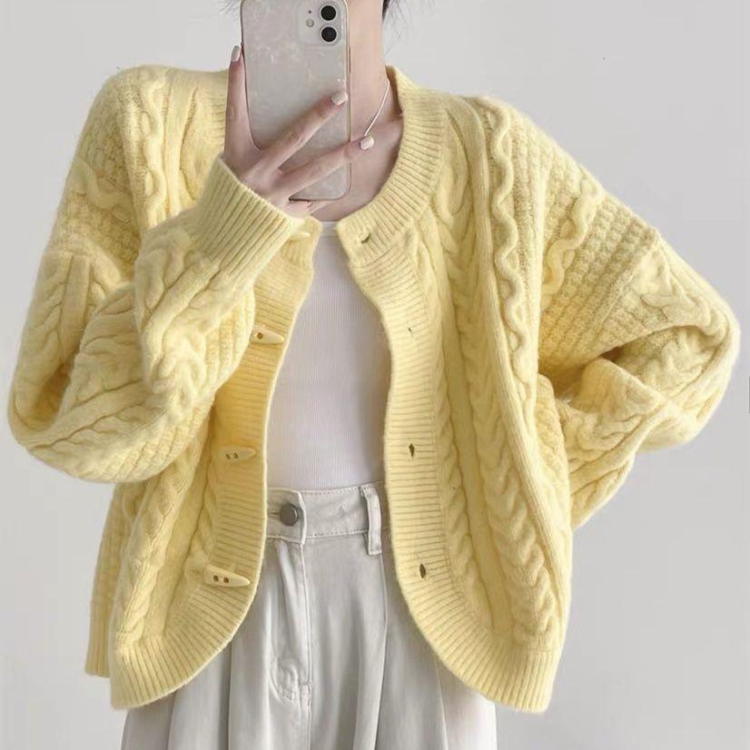 Horn Button Cable Knit Cardigan Autumn Winter Coat Short Lazy Round Neck Loose Sweater Top