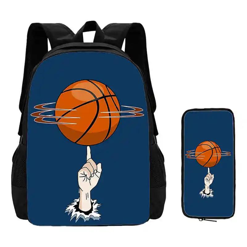 2Pcs Set Basketball Prints School Backpack with Pencil Bags for Kindergarten Cartoon Sports School Bags for BoysKids Backpack