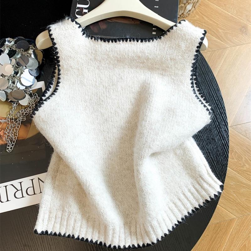 Women's French Color Block Bow Knit Vest - 2026 Autumn Sleeveless Layering Top