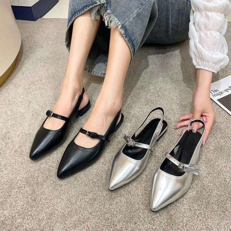 Silver Bag Head Sandals, New Low-heeled Pointed Flat-soled Sandals, Temperament Fashion Shoes