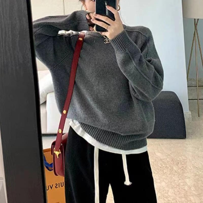 Design Pullover Knitted Sweater Top Autumn and Winter New Lazy Style Loose Versatile Soft Waxy Sweater Women
