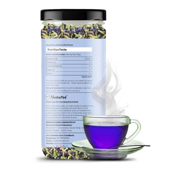 NeutraVed Blue Butterfly Pea Flower Tea 20 Gram | Natural Blue, Purple & Pink Herbal Iced Tea | Reusable Pet Jar- 20g