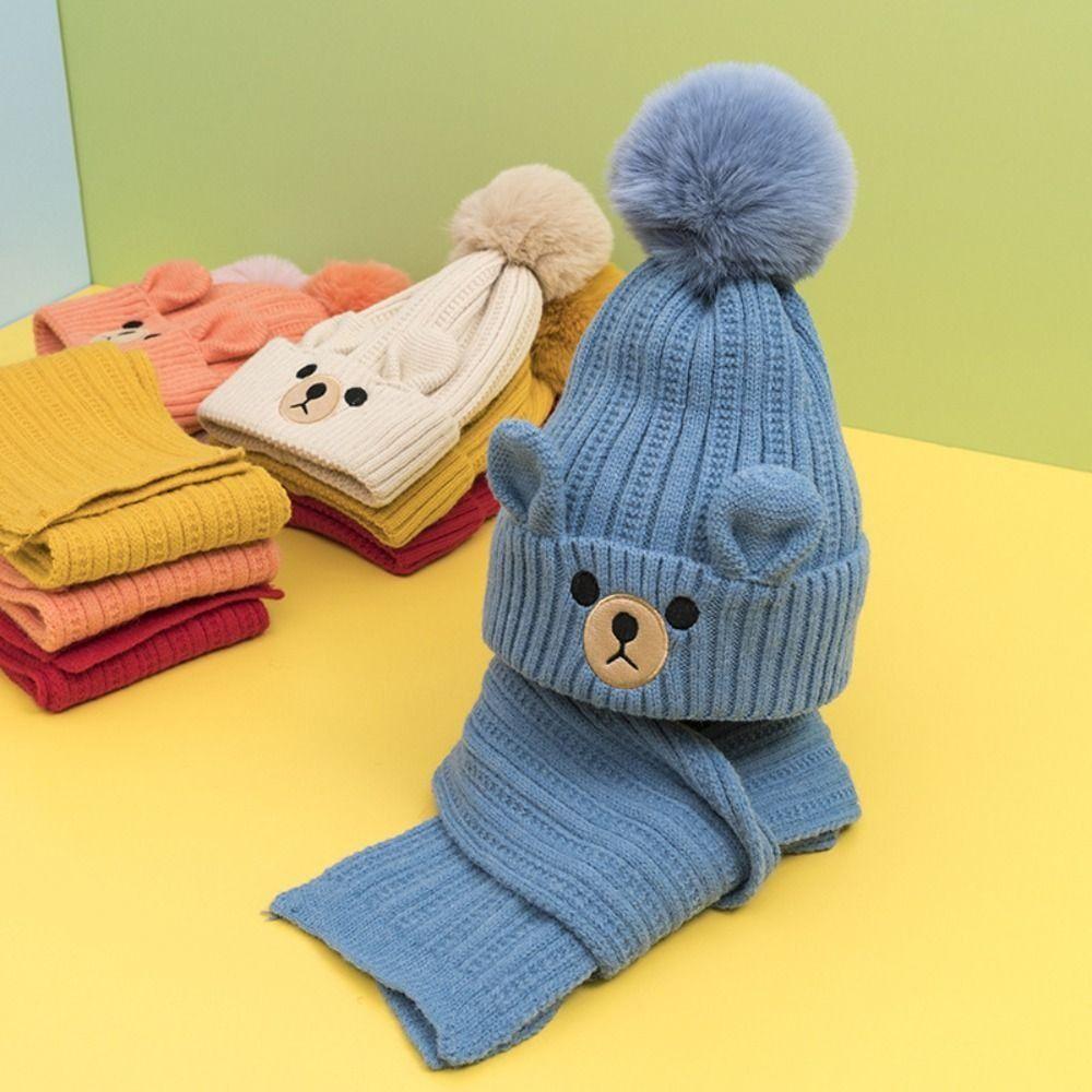 Knitting Wool Beanie Cartoon Warm Knitted Cap Comfortable Bear Children Scarf Hat Set Baby