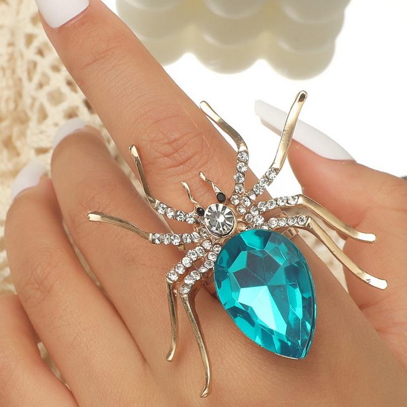 Exaggerated Big Spider Opening Rings For Women Men Personality Colorful Crystal Ring Gothic Insect Animal Jewelry Halloween Gift