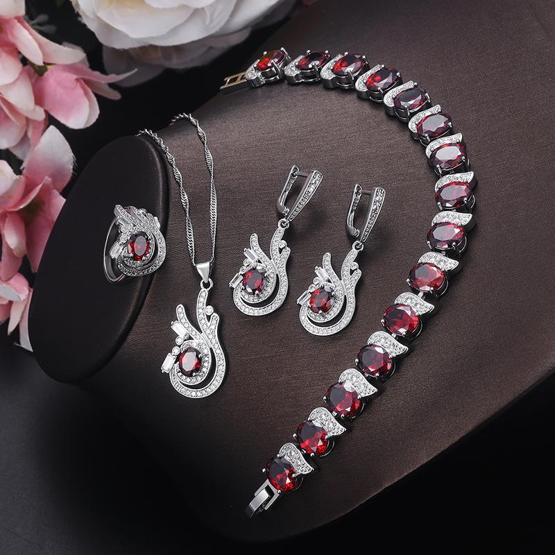 High End Top of The Ine Four Piece Set Inlaid with Big Ruby Jewelry Set Ring Bracelet Necklace Earrings
