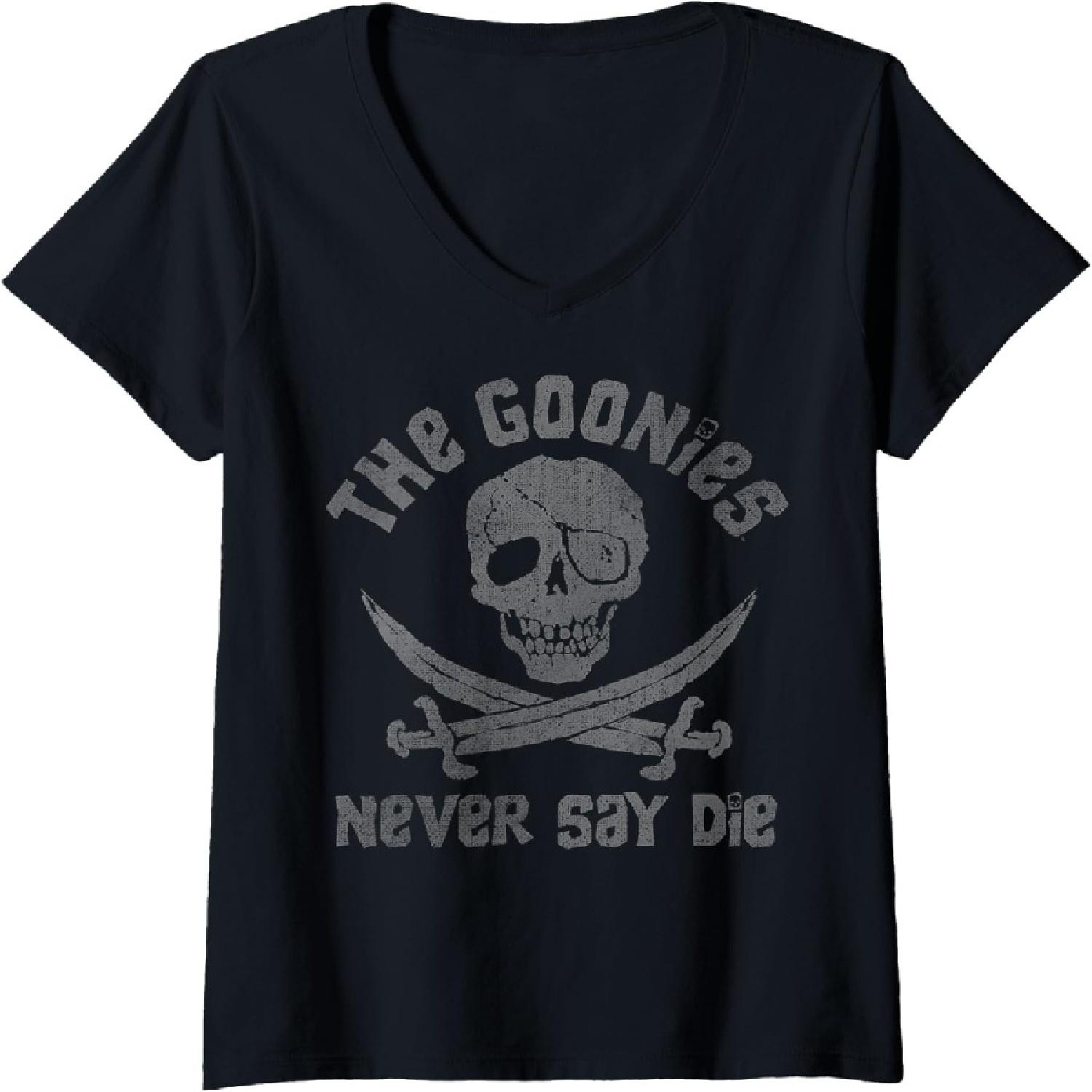 Womens The Goonies Never Say Die Skull & Swords Distressed Logo V-Neck T-Shirt S