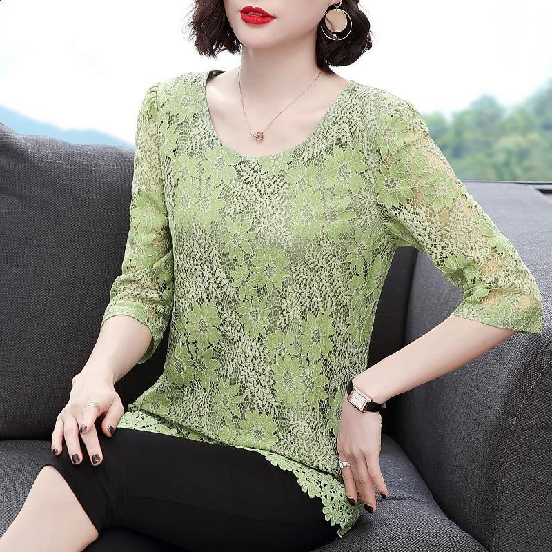 Women Spring Summer Style Lace Blouses Shirts Lady Casual Half Sleeve Flower Printed Lace Blusas Tops