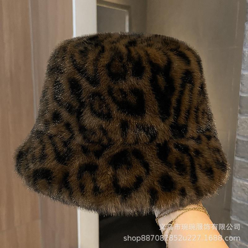 Leopard print winter thickened fluffy basin hat warm women's autumn and winter fashion versatile leopard print imperial sister plush bucket hat