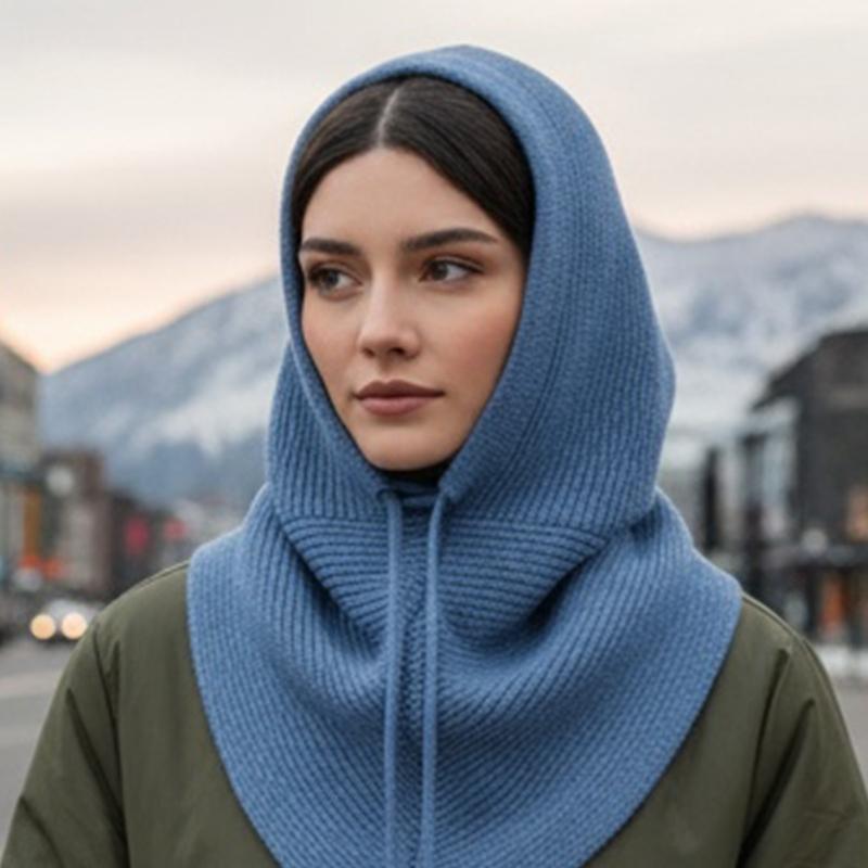 Thicken Knit Balaclava Knitted Shawl Drawstring Thicken Neck Warmer Knit Scarf for Cold Weather Insulated Hat